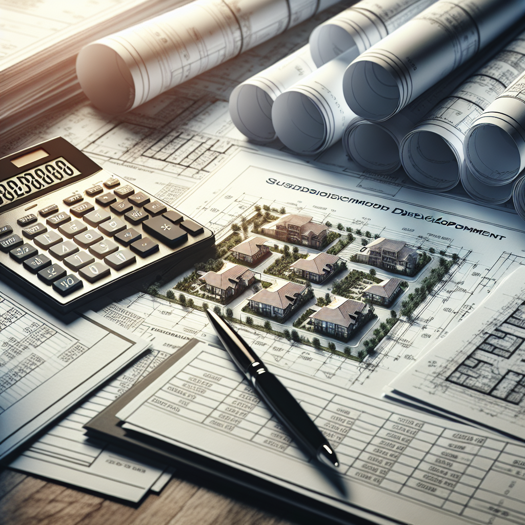 Construction blueprints, financial documents, and cost calculations for subdivision development